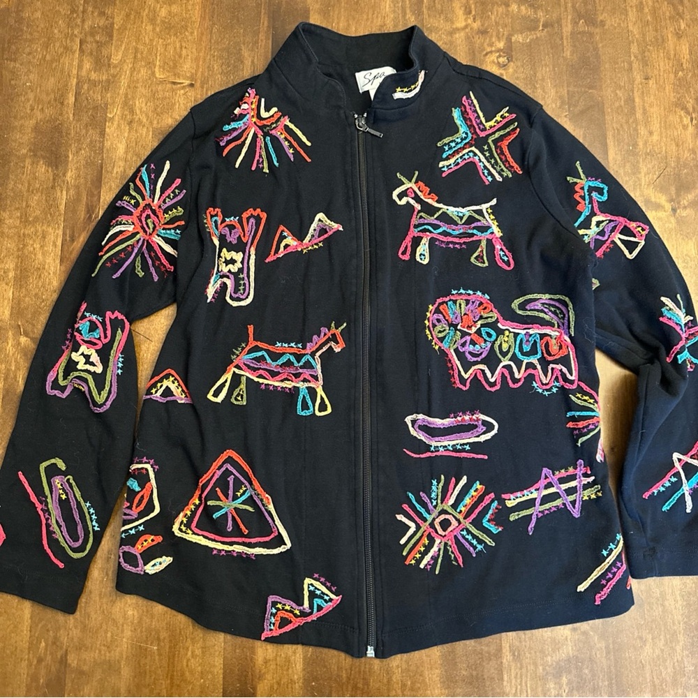 Spa by Chicos Zip Up Artsy Tribal Ethnic Aztec Size 1 (Medium) Art to Wear